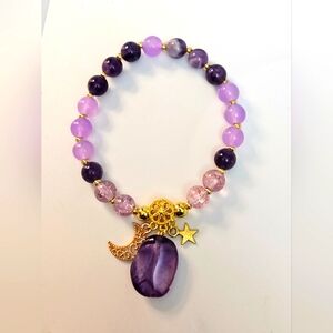 Amethyst and Glass Beaded Bracelet with Moon/Star
